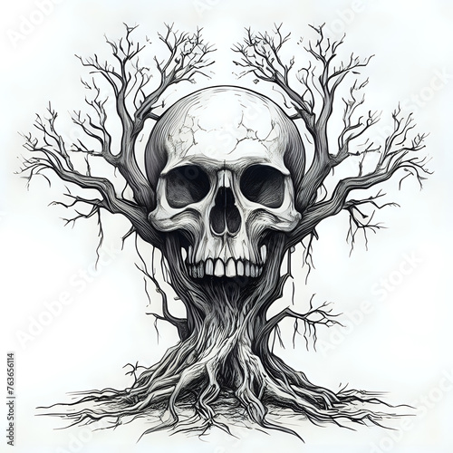 fantastic skull tree roots and branches hand drawn sketch - generated by ai
