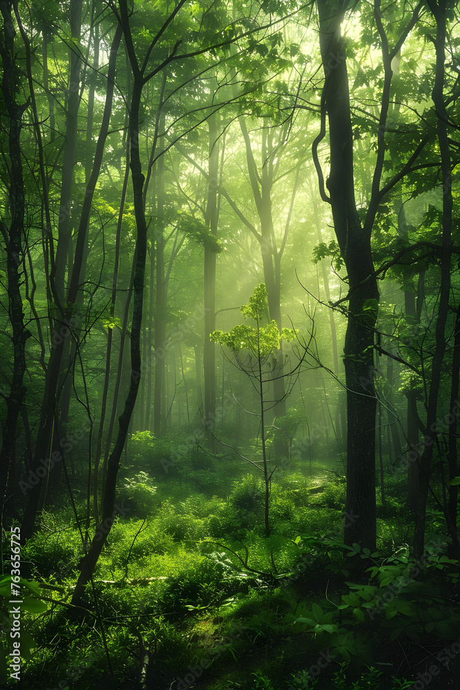 Sunlight Breaking through Foggy, Lush Green Forest: A Celebratory Depiction of Nature's Splendor