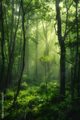 Sunlight Breaking through Foggy, Lush Green Forest: A Celebratory Depiction of Nature's Splendor