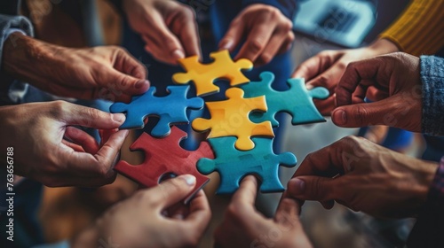 Problem solving, management, smart planning, Colleagues putting together effective solutions to work problems, A team of business men and women, or business partners putting together a jigsaw puzzle.