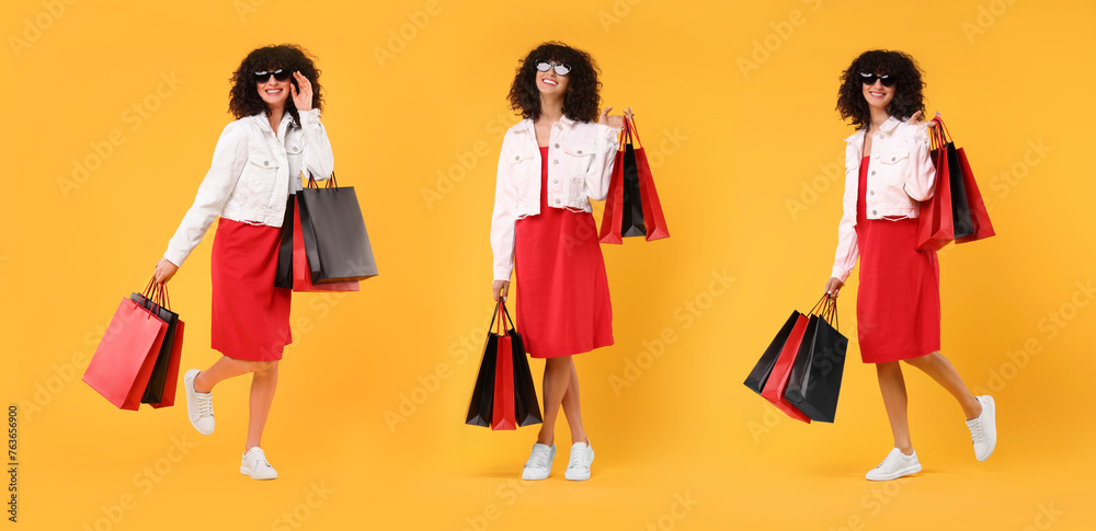 Happy woman with shopping bags on orange background, set with photos