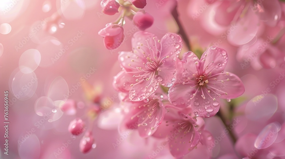Background blooming beautiful pink cherries in raindrops on a sunny day in early spring close up,