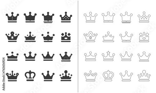 A collection of crown icons representing kings and queens, available in both solid and outlined styles