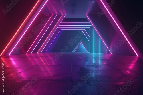 Ethereal corridor with radiant blue and purple neon lines in a reflective  moist atmosphere.