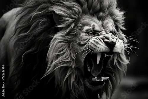 Highly detailed monochrome rendering of roaring lion with piercing yellow eyes in octane