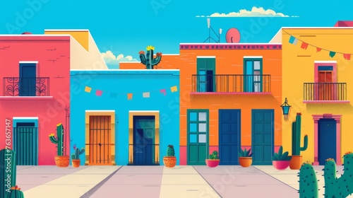 A colorful painting featuring vibrant buildings with cactus in the foreground, capturing the essence of a festive Mexican celebration. Cinco de Mayo theme.