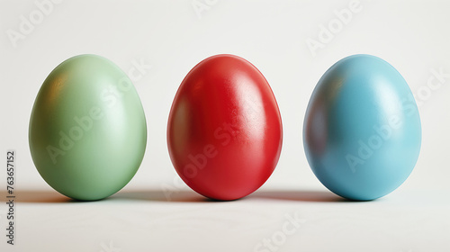 Colored Easter eggs in red, green, and blue on a neutral background.