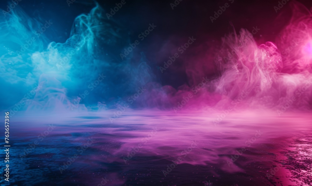 Colorful smoke rising from a dark, glossy floor with vibrant purple, green, and pink hues creating a mysterious atmosphere.