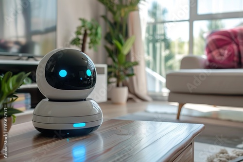 AI robot assistant helping a person with daily tasks in a smart living environment