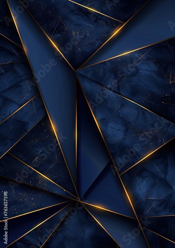 Premium Luxurious Dark Blue Abstract Background Template with Opulent Triangle Pattern and Golden Illumination Lines Abstract