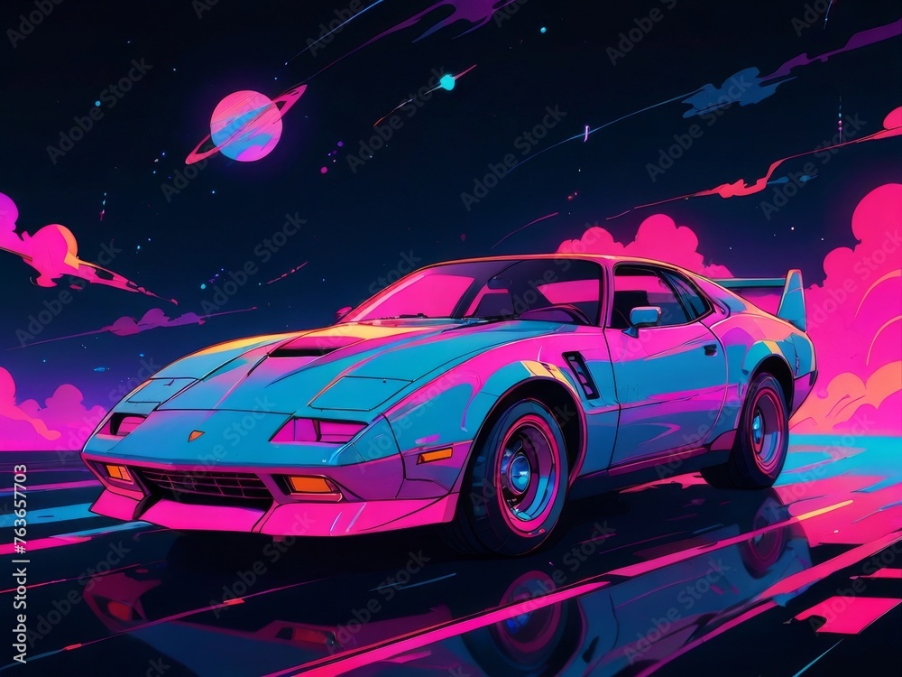 sport car illustration in neon cyberpunk style