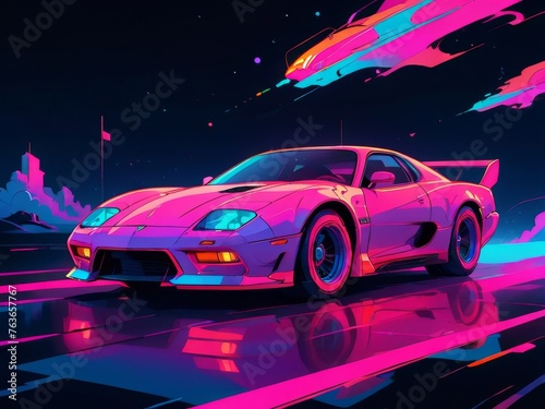 sport car illustration in neon cyberpunk style