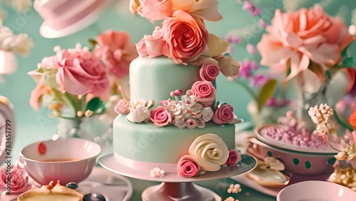 Elegant Floral Cake in Pastel Themed Tea Party with Ai generated.
 photo