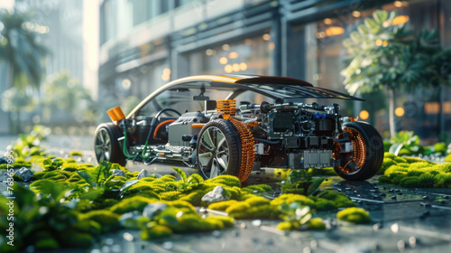 Advancements in green technology, featuring electric vehicles car and smart grids that promote renewable energy sources and a sustainable future