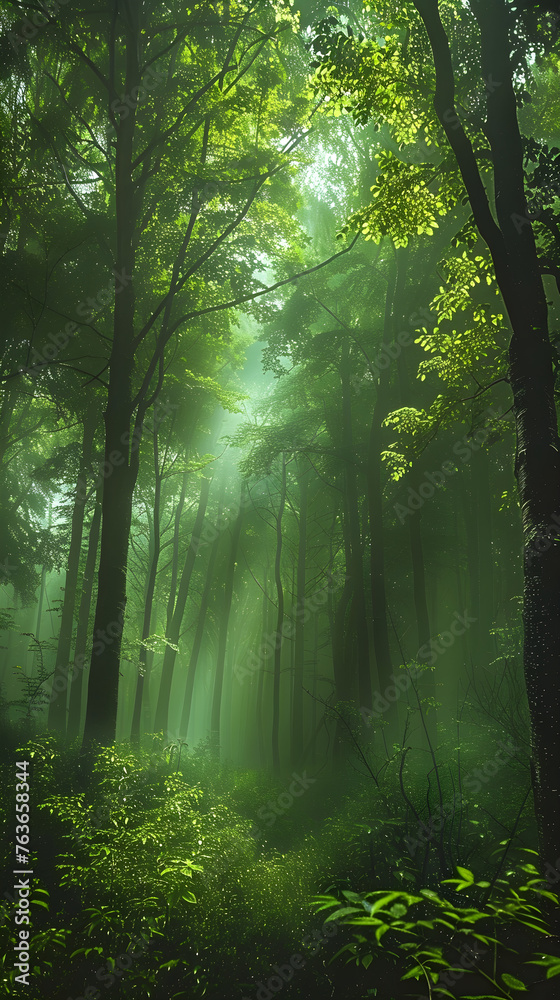 Naklejka premium Sunlight Breaking through Foggy, Lush Green Forest: A Celebratory Depiction of Nature's Splendor