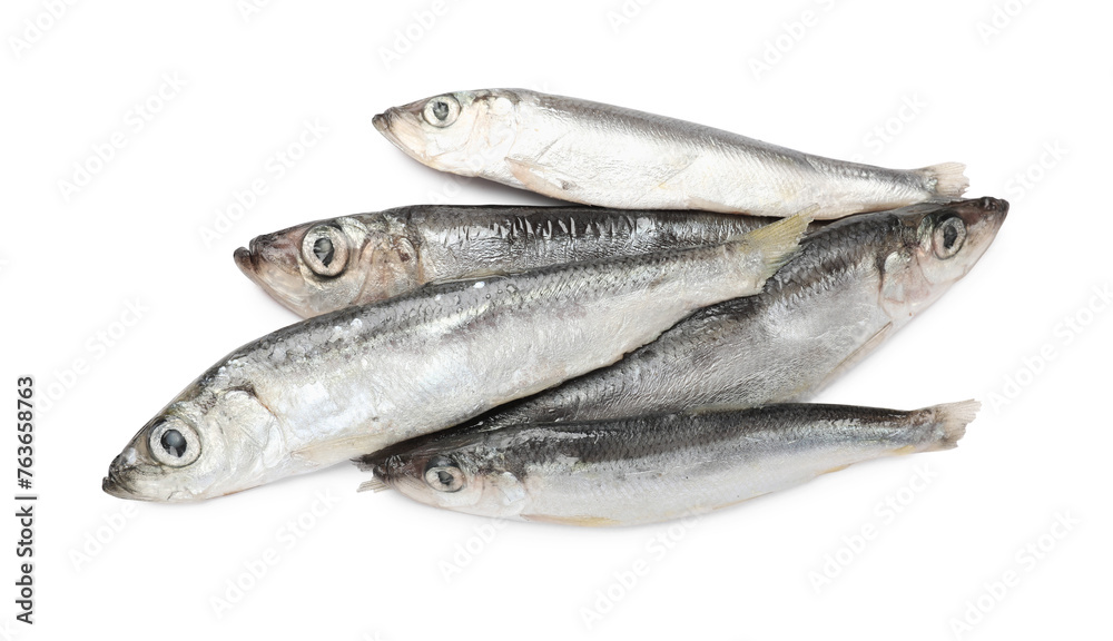 Fresh raw sprats isolated on white, top view Fresh raw sprats isolated on white, top view