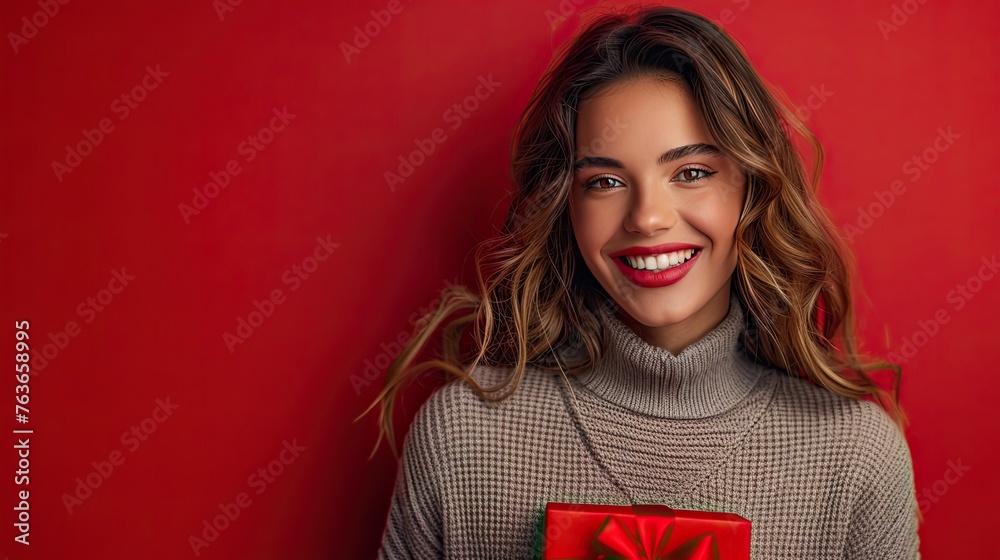 Joyful Gift Giving: Smiling Woman Holding Present Box Against Vibrant Red Backdrop Joyful Gift Giving: Smiling Woman Holding Present Box Against Vibrant Red Backdrop