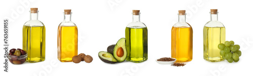 Vegetable fats. Different cooking oils and ingredients isolated on white, set