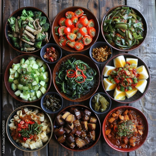 Assortment of colorful healthy vegetables dishes - Various vegetarian dishes arranged in a symmetrical pattern on bowls, featuring fresh greens, fruits, and spices