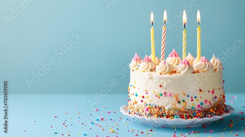 Five Years Young  Celebrating with a Colorful Birthday Cake on Pastel Blue Background with Room for Your Message