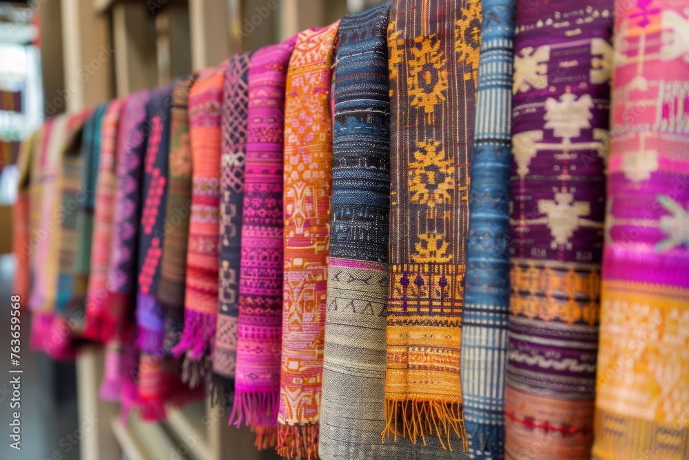 Colorful traditional woven scarves stacked - Close-up of vibrant, colorful traditional woven scarves showcasing cultural craftsmanship