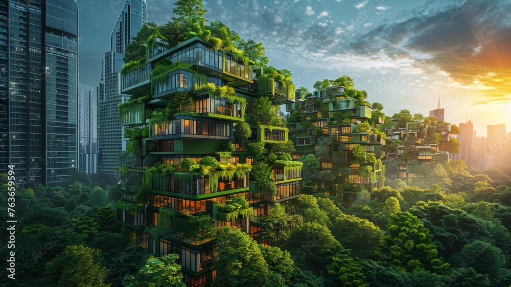 Conceptual Eco-Friendly Skyscraper Design - A futuristic vision of a green skyscraper with lush vegetation, representing sustainable urban living and architecture