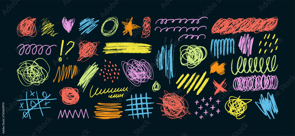 Colorful Crayon Pencil Scribble Textures and Shapes. Children's Charcoal Doodle Scratches. Vector