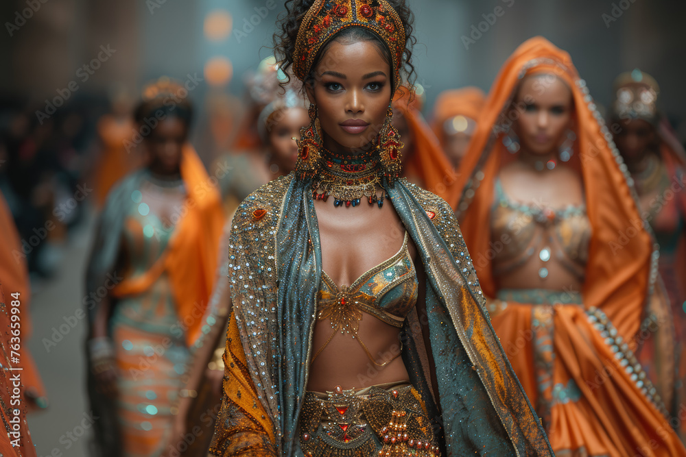 Fototapeta premium A multicultural fashion show featuring designers who draw inspiration from diverse ethnic aesthetics. Concept of couture diversity. Generative Ai.