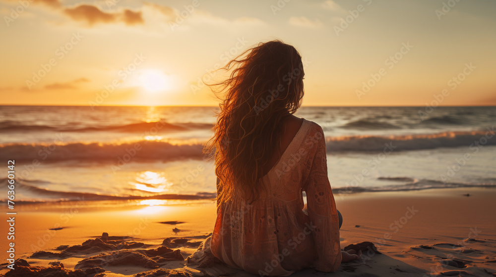 Pensive Woman on Sand Watching Ocean Sunset Pensive Woman on Sand Watching Ocean Sunset