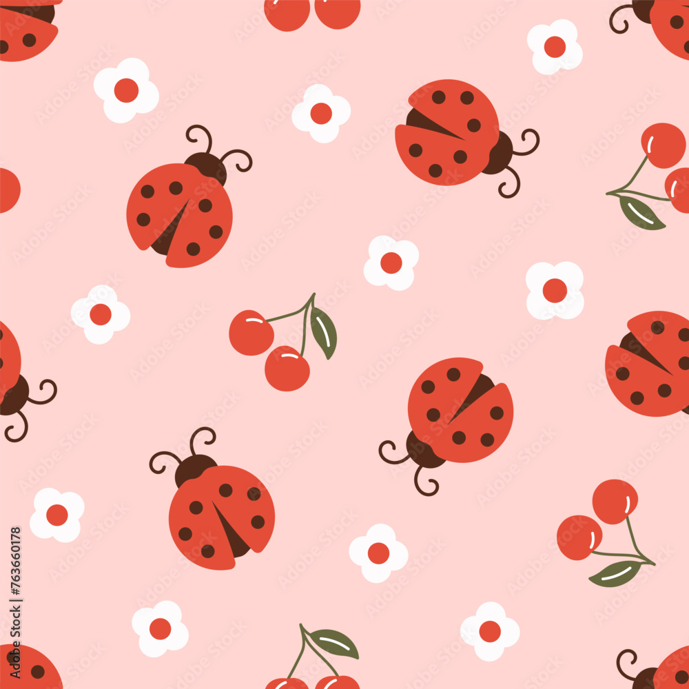Ladybug with cherry and flower seamless pattern. Kid design. Vector illustration. Ladybug with cherry and flower seamless pattern. Kid design. Vector illustration.