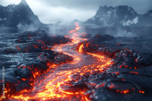 A river of molten lava coursing through an icy canyon, illustrating the dramatic encounter of fire and ice. Concept of geological drama. Generative Ai.