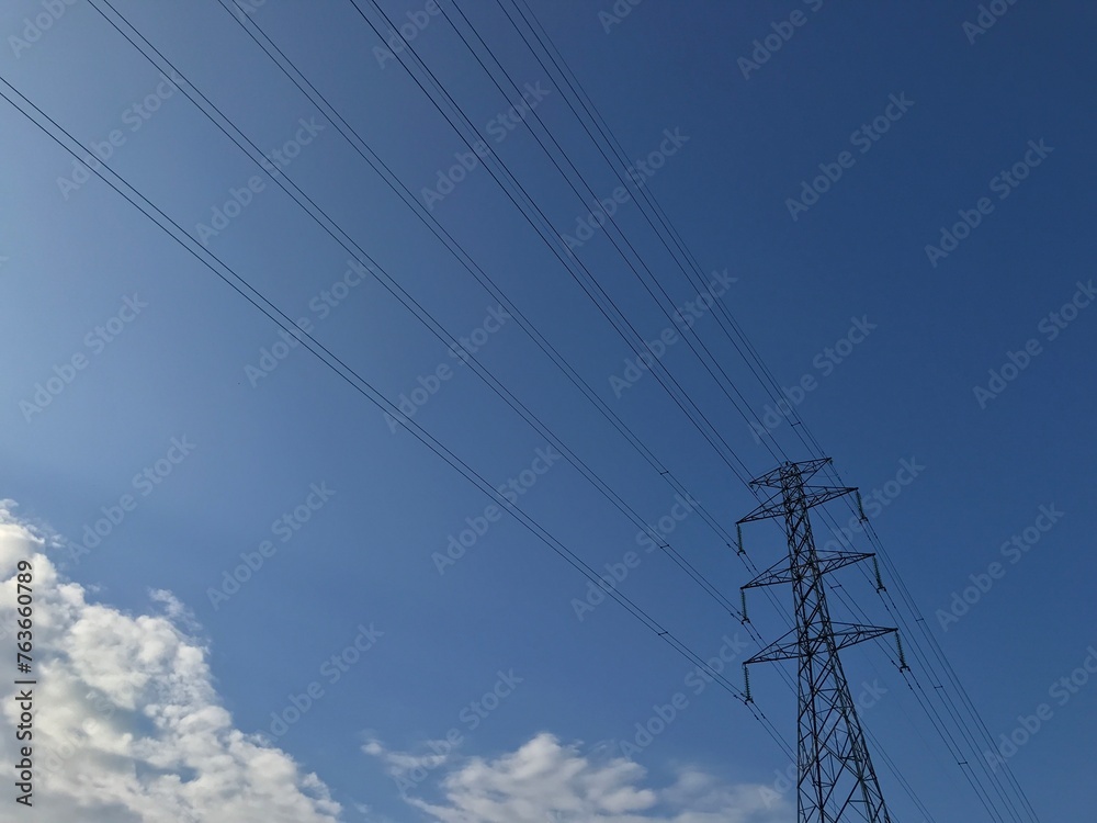 pole electric wires with blue sky cloud background. Electric wires with cloud sky background. pole electric wires with blue sky cloud background. Electric wires with cloud sky background.
