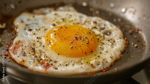 A fried egg sizzling in a frying pan placed on a stove, showing the egg cooking process.