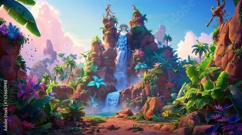 Enchanted Vibrant Waterfall Cascading in a Magical Jungle, Colorful Flora and Mystical Atmosphere for Fantasy Artwork and Gaming Backgrounds © Ross