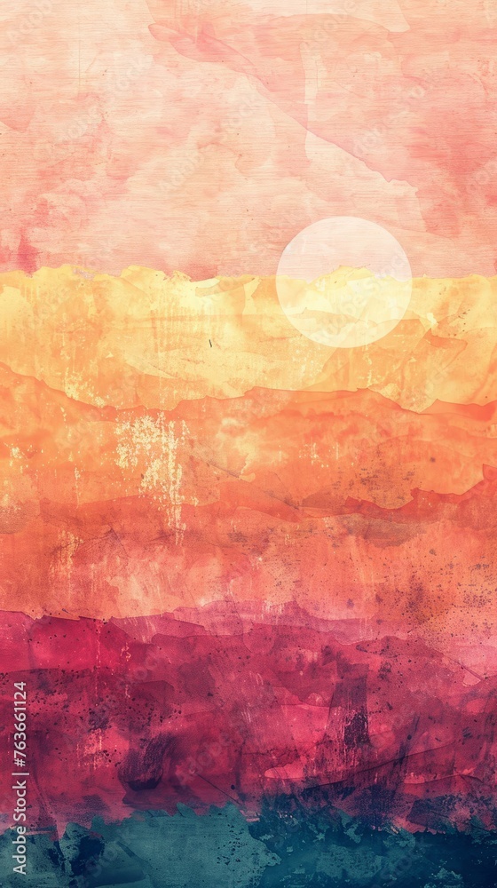 A painting depicting a sunset casting warm colors over a body of water. Copy space. Backdrop, wallpaper.