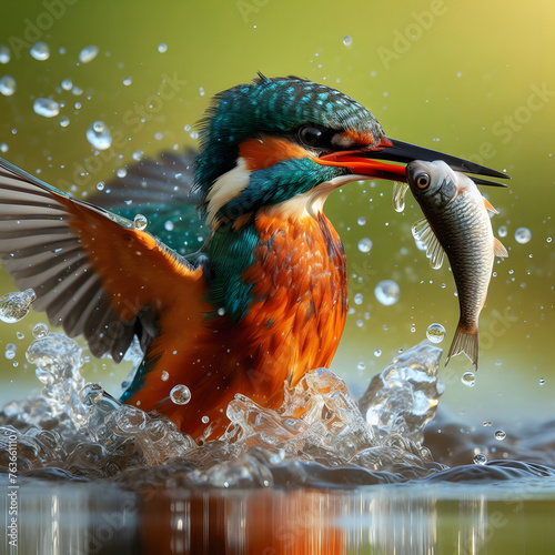 river kingfisher flying after emerging from water with caught fish prey in beak. River kingfisher. Water kingfisher. Alcedines. Common kingfisher. Little kingfisher. Halcyon. Alcedininae. Alced atthis photo
