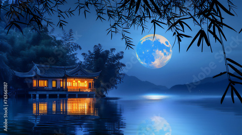 Night with full moon over the calm lake with Asian traditional house and bamboo trees frame