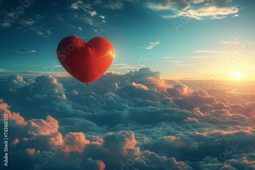 A heart-shaped balloon soaring high in the sky, symbolizing the buoyancy of love and happiness. Concept of love's elation. Generative Ai.