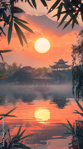 Sunset over the river with Asian traditional house and bamboo trees