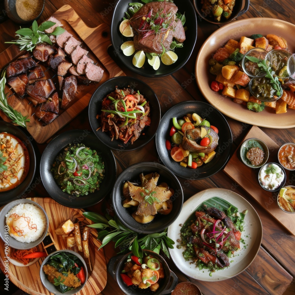 Overhead shot of diverse and flavorful dishes - An appetizing overhead image showcasing a variety of colorful, gourmet dishes on a wooden table Overhead shot of diverse and flavorful dishes - An appetizing overhead image showcasing a variety of colorful, gourmet dishes on a wooden table