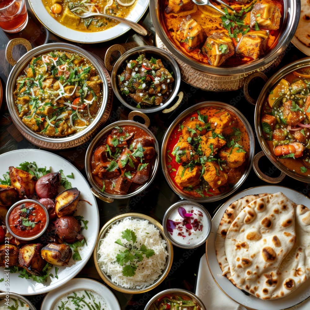 Traditional Indian cuisine in decorative bowls - A rich display of traditional Indian dishes in metal bowls, offering a visual and culinary feast of spices and flavors