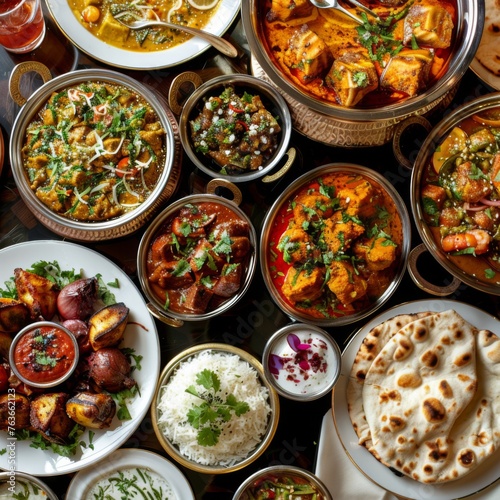 Traditional Indian cuisine in decorative bowls - A rich display of traditional Indian dishes in metal bowls, offering a visual and culinary feast of spices and flavors