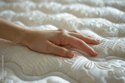 A woman's hand is laying on a white mattress
