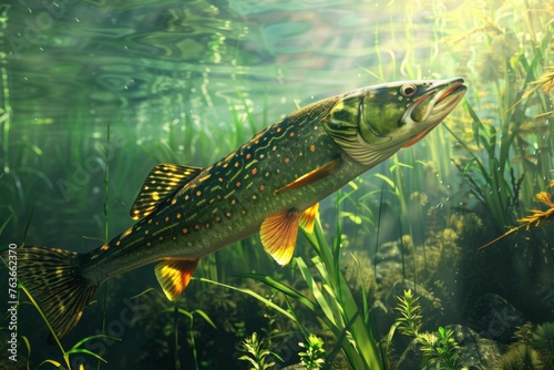A fish is swimming in a body of water with green grass and plants