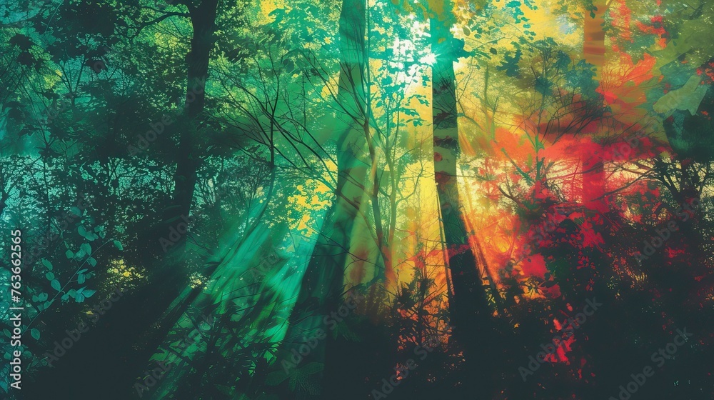 Fototapeta premium A green forest, the sun shines through the leaves, forming a colorful shadow, Forest Illsutration