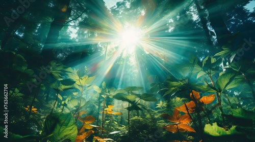 A green forest, the sun shines through the leaves, forming a colorful shadow, Forest Illsutration