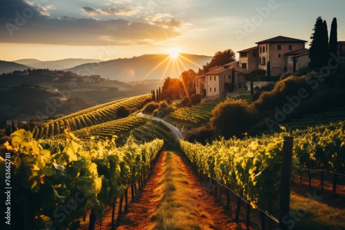 Tranquil tuscan vineyard an artistic portrayal of warm evening glow over the picturesque vines