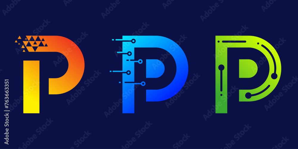 letter P technology logo design for business, digital, technology, media, data - obrazy, fototapety, plakaty 