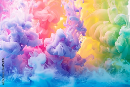 Whimsical swirls of vibrant ink smoke dance in water, creating a mesmerizing rainbow of colors.