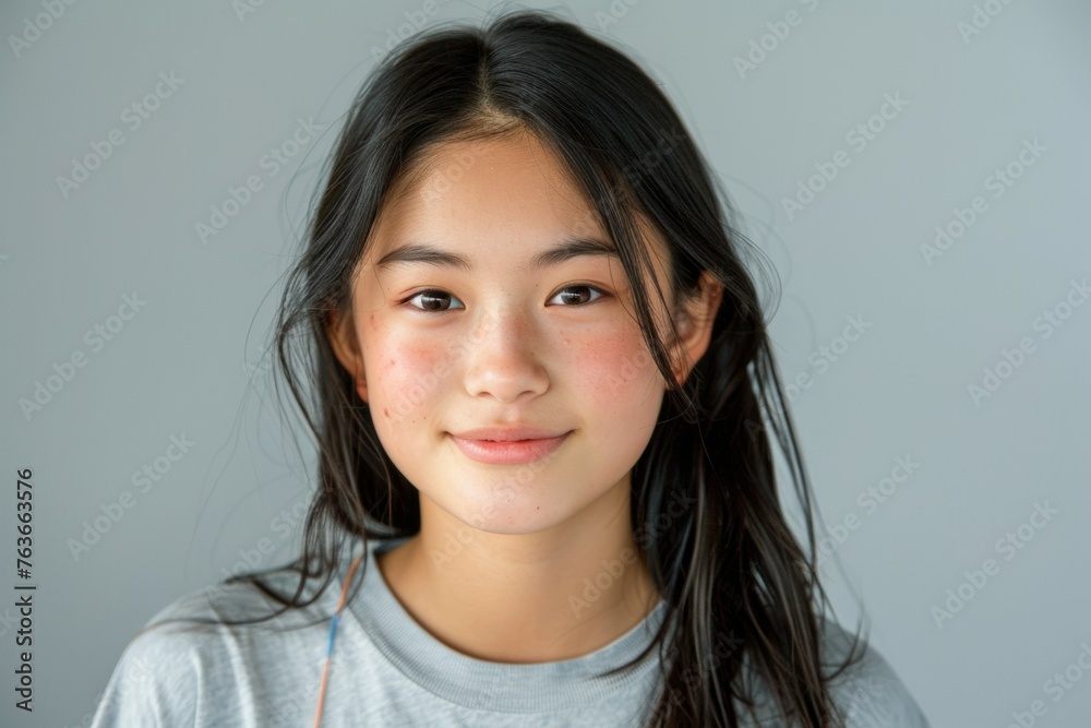 A young woman with long black hair and a grey shirt is smiling at the camera A young woman with long black hair and a grey shirt is smiling at the camera